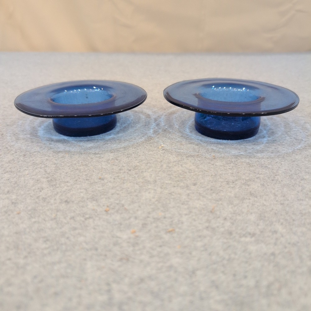 Vintage Cobalt Blue Glass Tea Light Votive Candle Holder Set of 2 Saucer Style - Picture 2 of 5